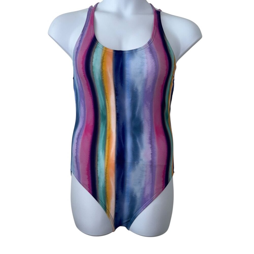 NWT Speedo Poircelain Hydro Bra OIne Piece Womens Swimsuit 12 Striped Colorful